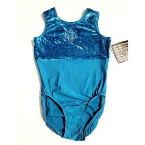 GK Elite AL Gymnastics Dance Sleeveless Velvet 2-Tone Leotard Turquoise Adult L